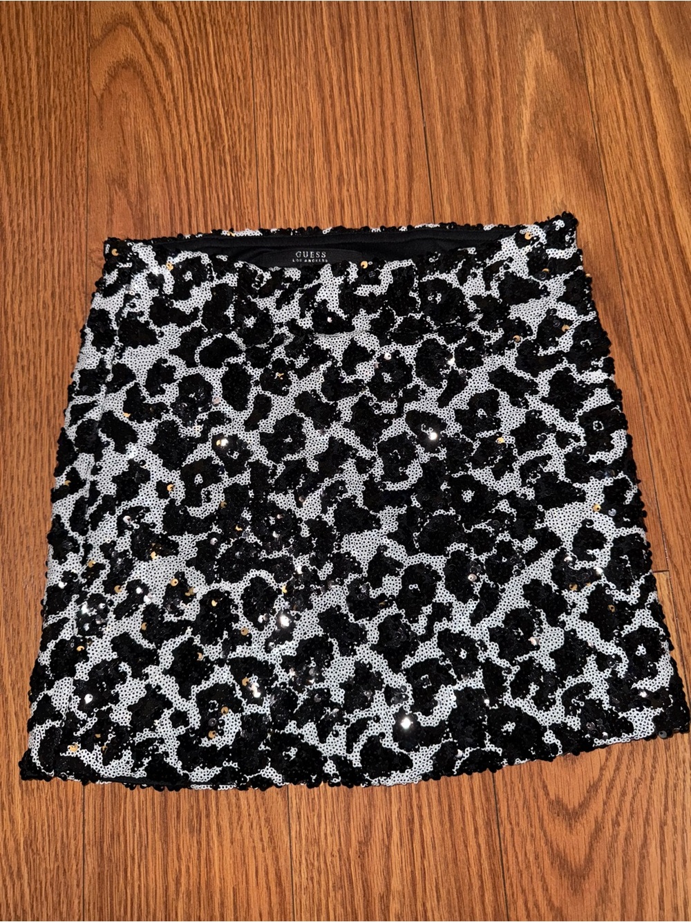 GUESS Black and White Sequin Animal-Print Mini Skirt